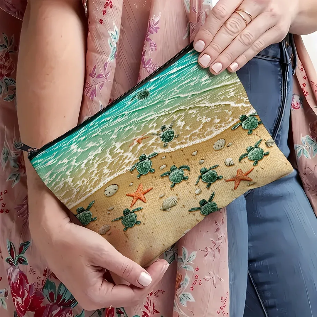 Trousse à cosmétiques vibrante d'inspiration dans l'océan – Pochette de maquillage spacieuse et durable en polyester avec motif tortue et étoile pour les voyages, les vacances