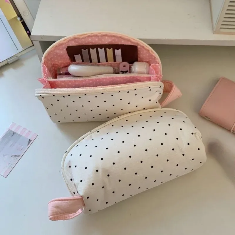 Trousse de maquillage coréenne pour fille, motif étoile à pois, mignonne, grande capacité, pochette cosmétique, trousse à crayons pour étudiant, sac de rangement portable pour papeterie