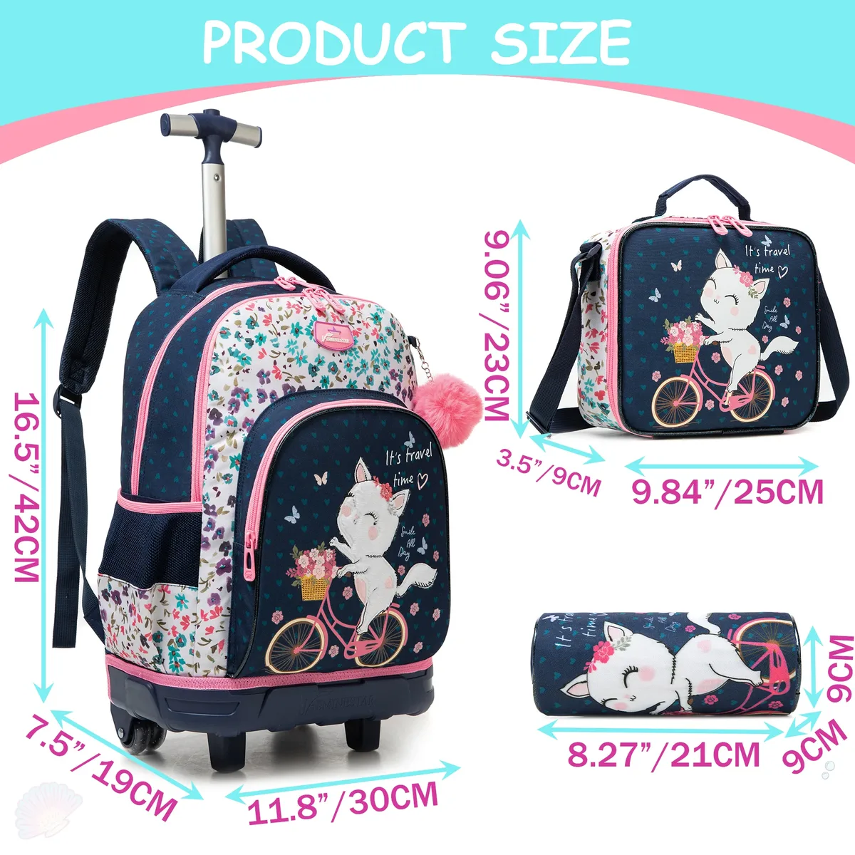 Ensemble de 3 sacs à dos roulants élégants pour filles, parfaits pour les filles, avec bagages à roulettes, sac à déjeuner, trousse à crayons pour les voyages scolaires