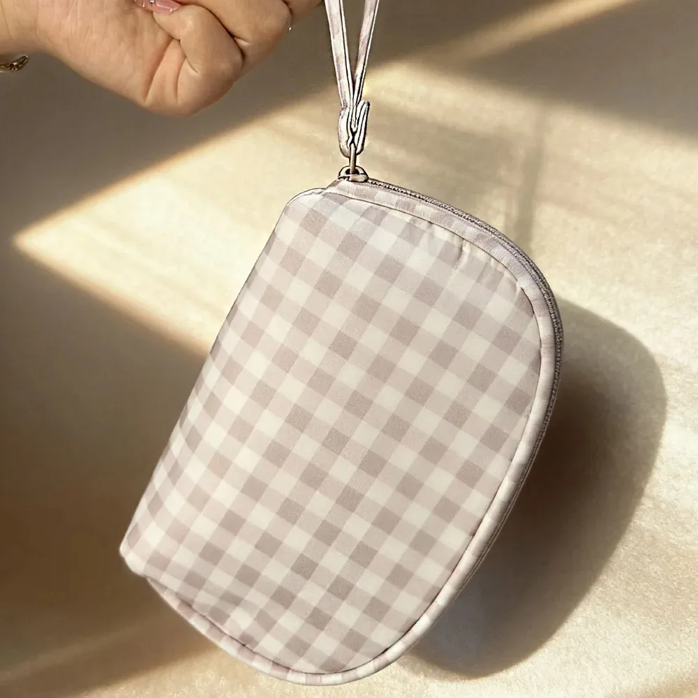 sac de maquillage simple en tissu oxford à carreaux rouges, imperméable, multifonctionnel, grande capacité, sac de toilette de voyage