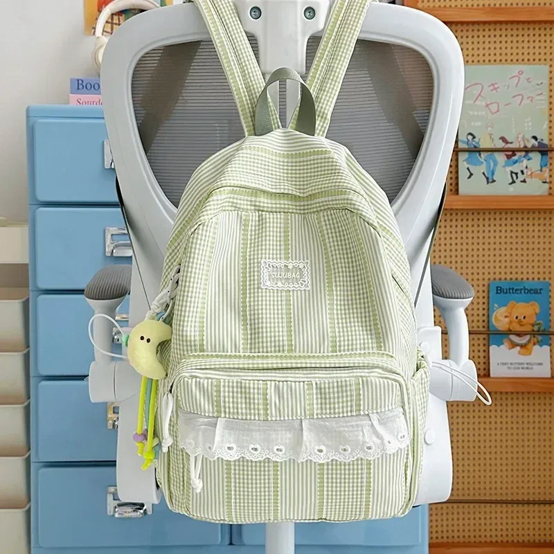 sac à dos coréen simple et esthétique en dentelle à volants, couleur unie, rayé, grande capacité, pour étudiantes, idéal pour l'école, les trajets quotidiens et les voyages