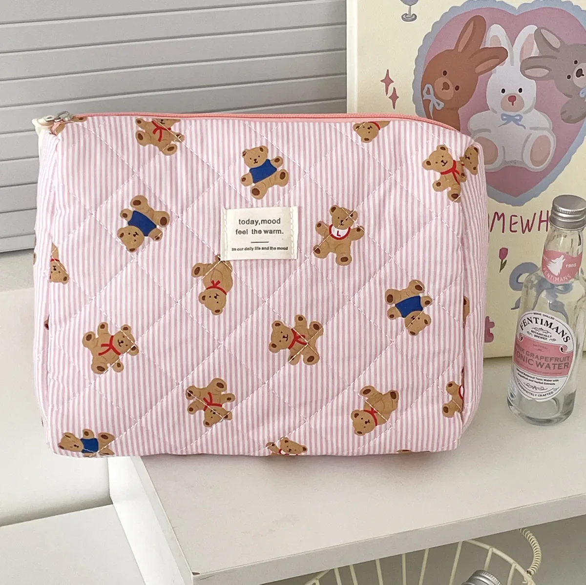 trousse de maquillage ours rayé pour femme, grande capacité, trousse de toilette, trousse de toilette, trousse de toilette, trousse de toilette, trousse de toilette