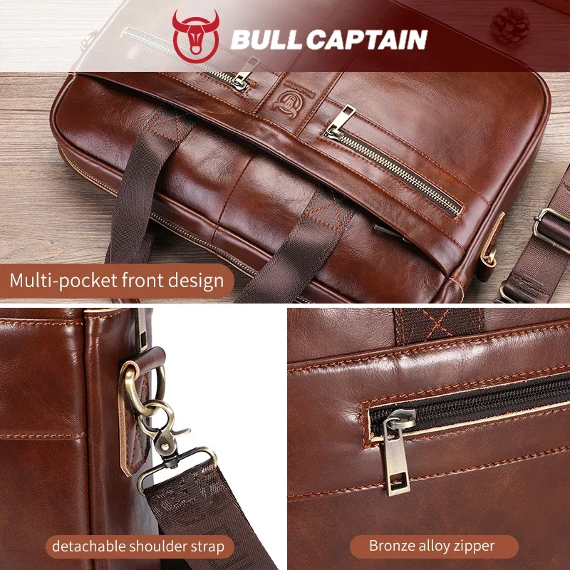 sac à main pour homme bullcaptain, sacoche d'affaires en cuir de haute qualité, sac à bandoulière, sac de bureau, sac pour ordinateur portable 14 pouces