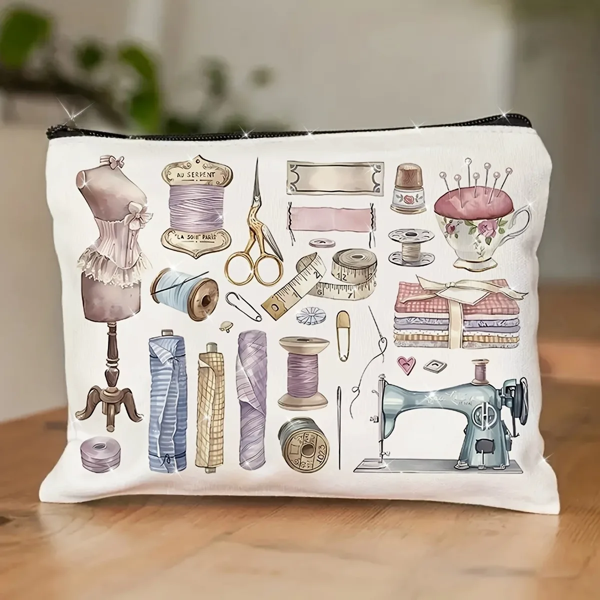machine à coudre vintage avec décoration florale, sac de maquillage pliable léger avec fermeture éclair, pochette de rangement portable, trousse de beauté