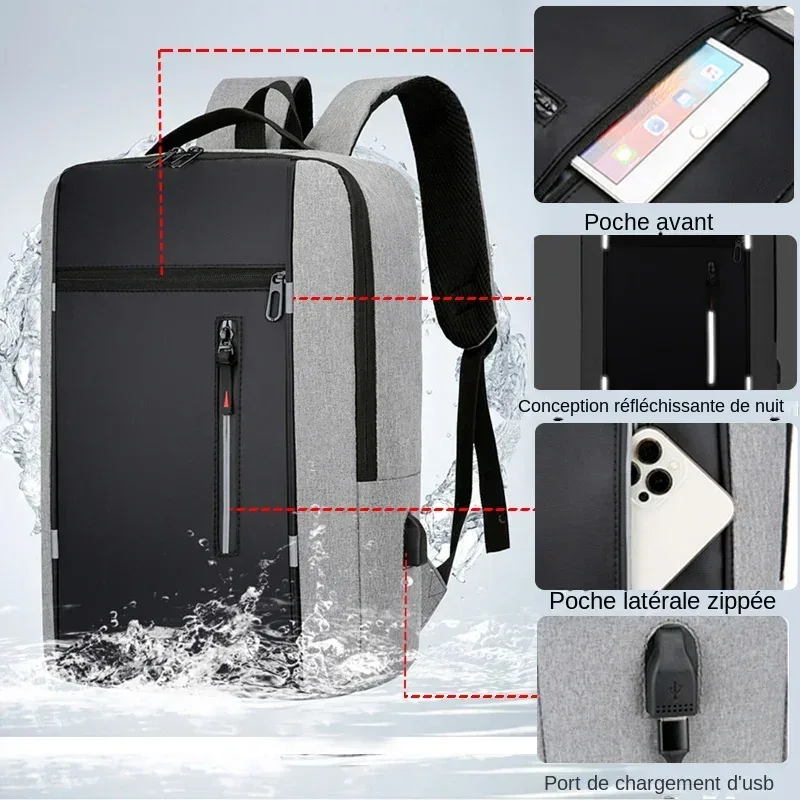 sac à dos d'affaires étanche pour hommes, sacs à dos d'école usb, sac à dos pour ordinateur portable de 15.6 pouces, sacs à dos de grande capacité pour hommes