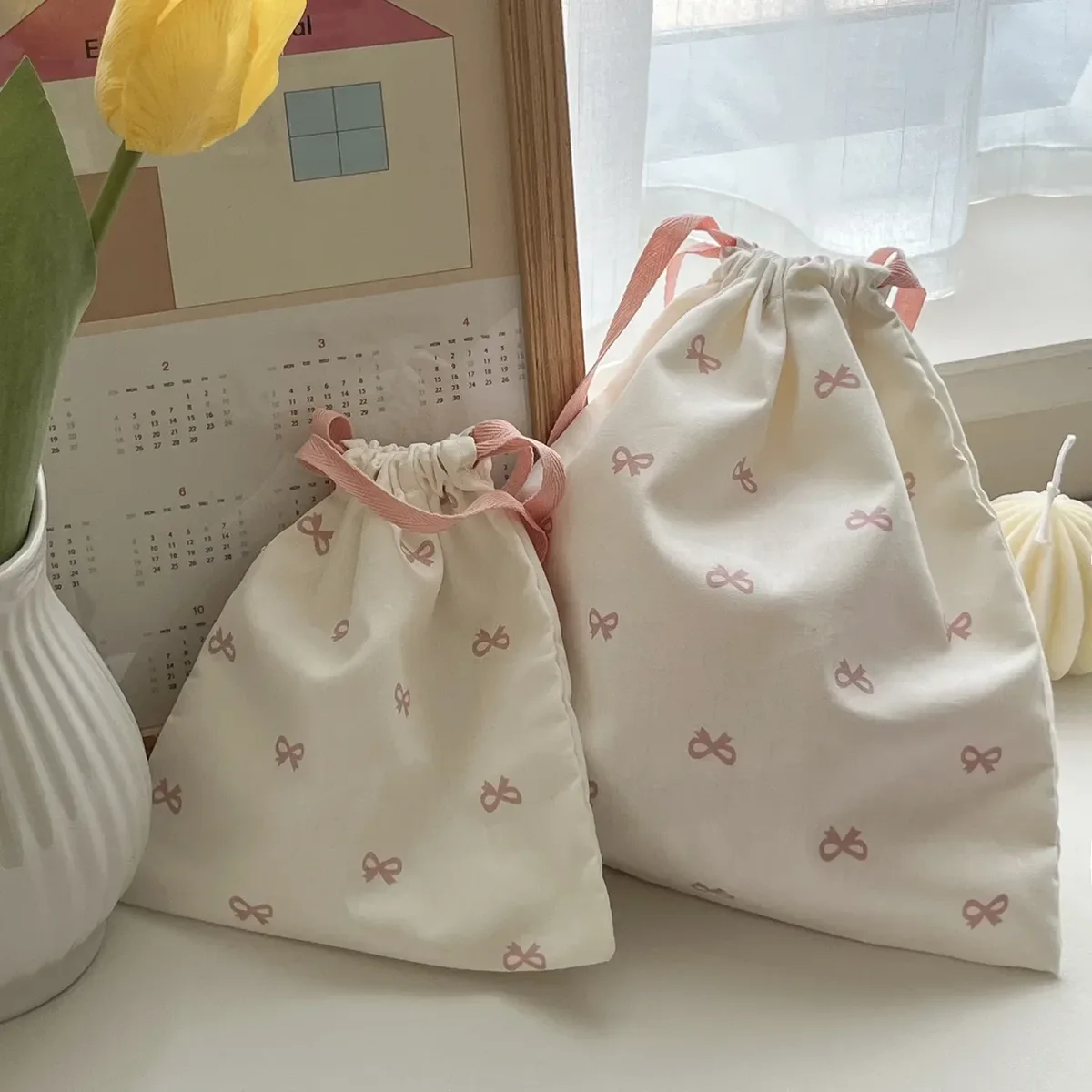 sac de rangement coréen à cordon imprimé avec nœud mignon, sac à cosmétiques portable pour filles, organisateur de maquillage de voyage pour femmes, pochette à main