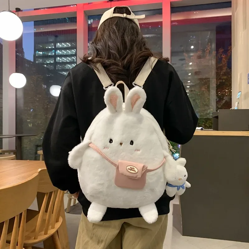 Sac à dos lapin en peluche de dessin animé pour fille, mignon, grande capacité, doux, loisirs, livre en peluche, couleur unie, nouvelle collection 2024
