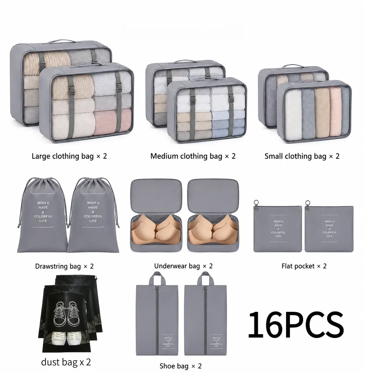 ensemble de 16 sacs de rangement de voyage, sac de voyage léger, utilisé pour la classification des bagages et des vêtements, sac de protection pour vêtements