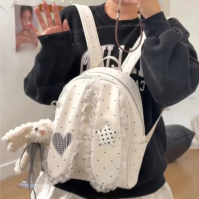 sac à dos créatif mignon avec oreilles de lapin, décor en dentelle à pois, style japonais lolita, sac à dos preppy pour fille, sac à main léger en nylon