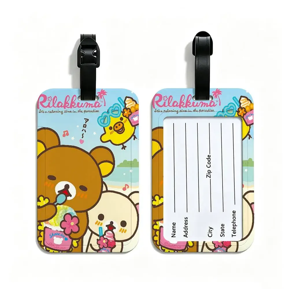 étiquette de bagage de voyage rilakkuma mignonne en dessin animé, étui en pvc pour carte d'information, marqueur de nom anti-perte pour sac à dos.