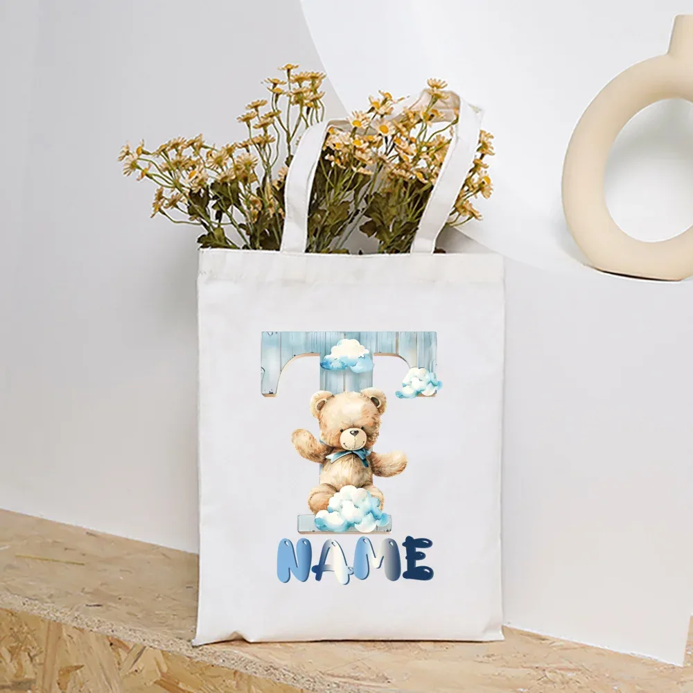 sacs fourre-tout en toile college nuage ours et alphabet personnalisés, sacs à main personnalisés de grande capacité, cadeaux de portabilité pour la rentrée scolaire