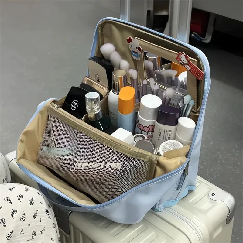 trousse de maquillage portable multifonctionnelle de grande capacité avec compartiments, miroir et fonction de maintien vertical pour les voyages et les articles de toilette