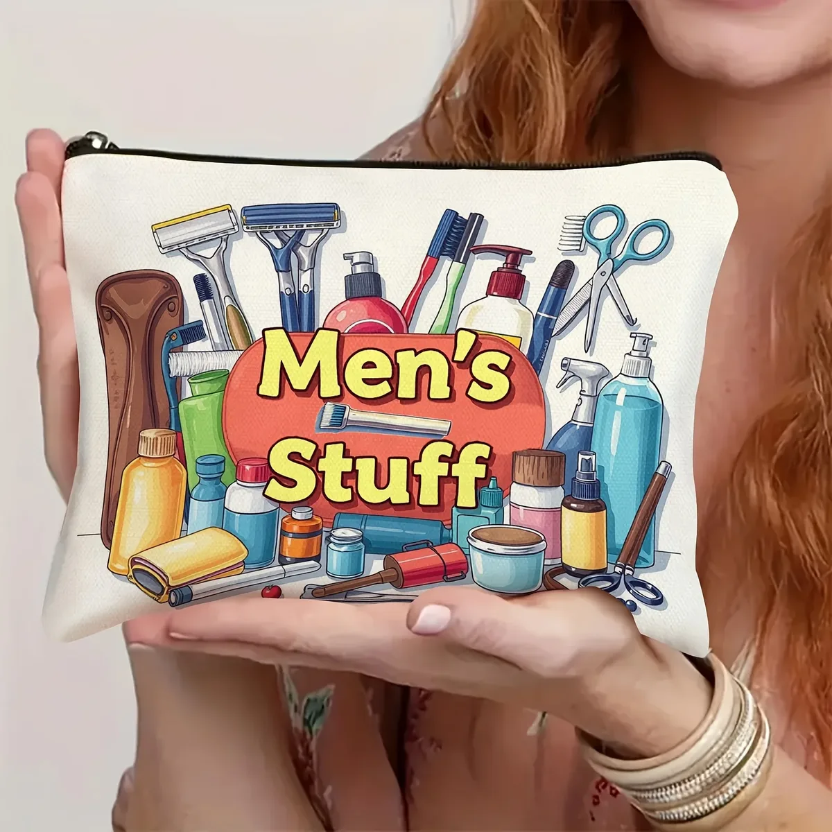 trousse à cosmétiques pour hommes, organisateur de voyage réutilisable avec imprimé « articles pour hommes», blanche avec sacs de maquillage et de toilette colorés, fermeture à glissière