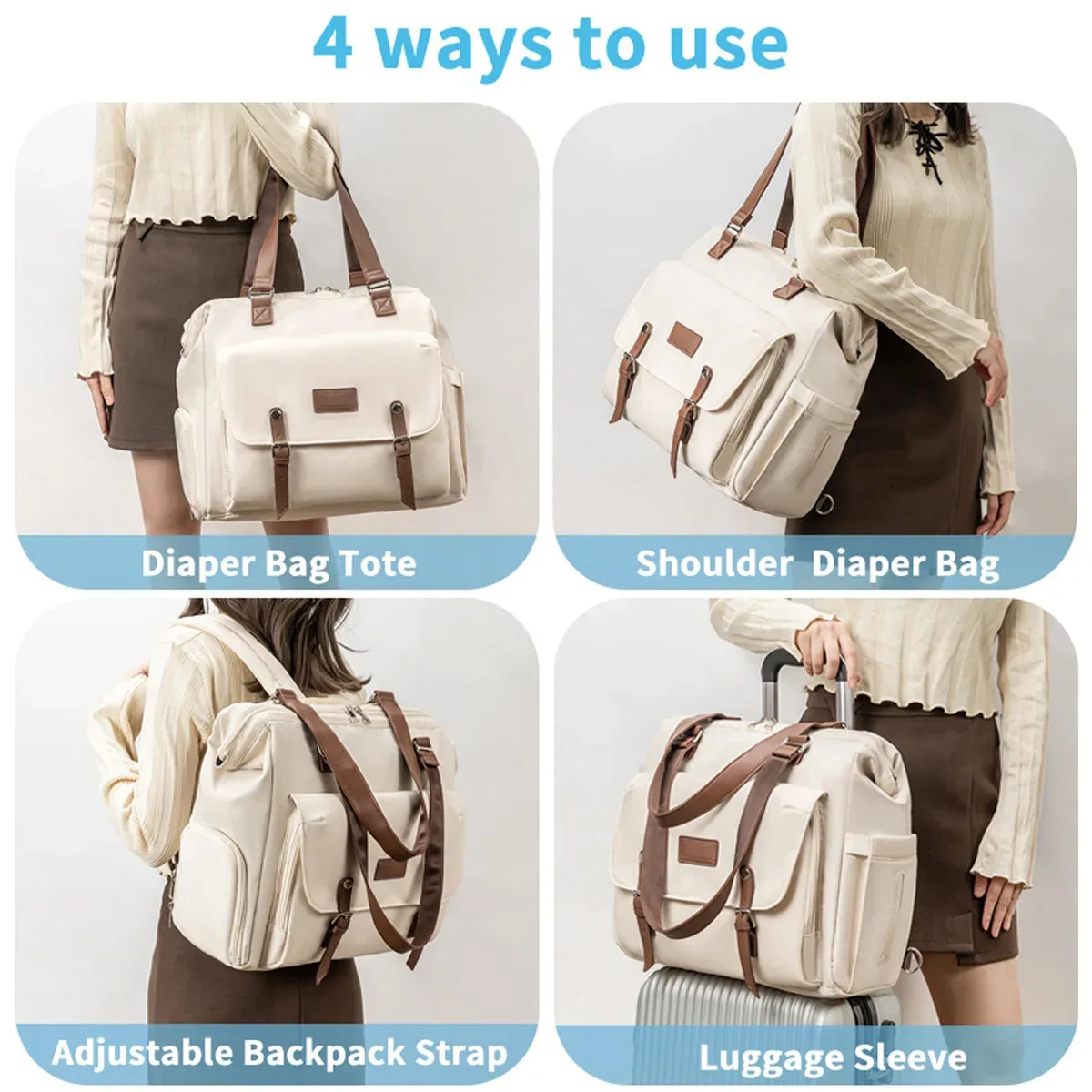 sac à dos fourre-tout léger multi-poches pour maman et bébé, sac à langer convertible en sac à bandoulière avec bretelles rembourrées