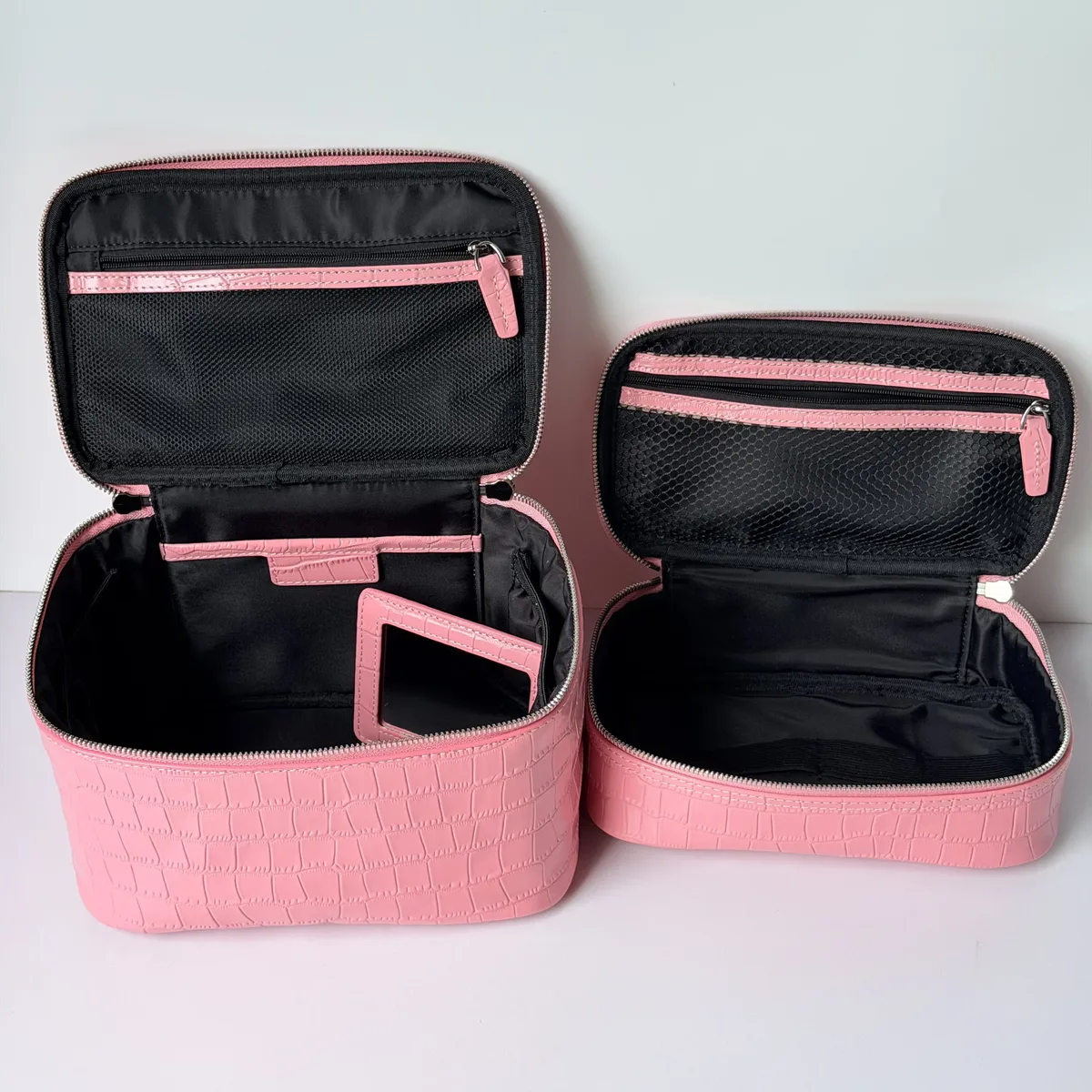 sac à cosmétiques en cuir de vachette rose à motif crocodile, sac de toilette de luxe de grande capacité, en cuir véritable, pour voyage, rangement portable, trousse de toilette