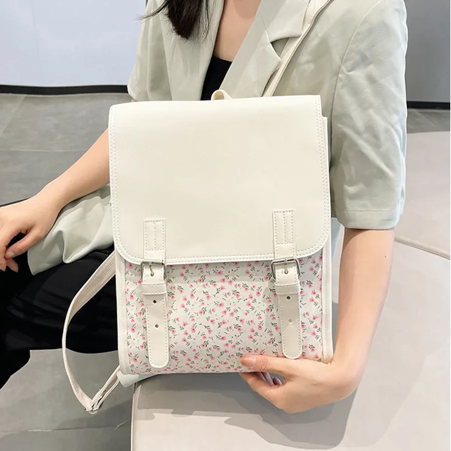 sac à dos à rabat en cuir pu pour femmes et filles, sac d'école à fleurs, sac de voyage d'université, sac à bandoulière pour usage quotidien