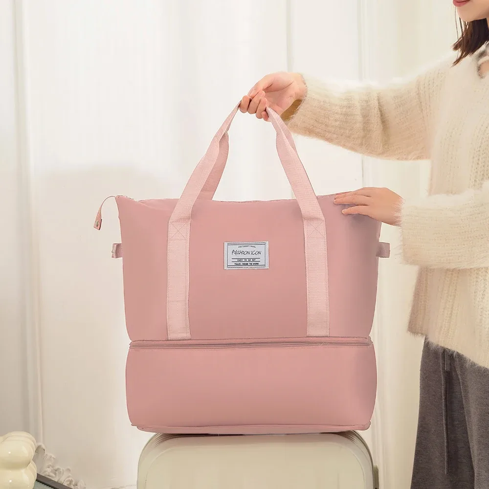 sac de voyage pliable à double compartiment et grande capacité, tendance ; sac de rangement pour bagages, sac à main multifonctionnel ; sac de maternité léger, portable et extensible ; sac de sport unisexe de couleur unie avec séparation pour articles secs et humides.