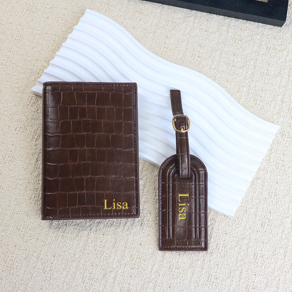 ensemble d'étiquettes de bagages et porte-passeport en cuir pu à motif crocodile personnalisé pour accessoires de bagages
