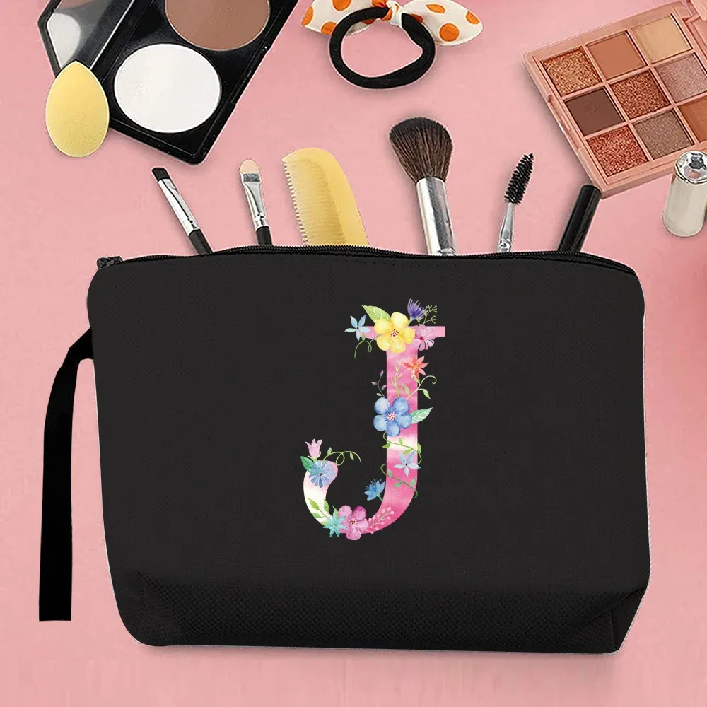 trousse de maquillage pour femmes, trousse de maquillage portable, trousse de maquillage de voyage pratique, sac à main en toile, motif de lettres roses, organisateur de bijoux