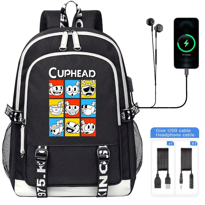 cuphead mugman sacs d'école pour adolescent usb charge sac à dos pour ordinateur portable garçons filles étudiant livre sac mochila sac de voyage
