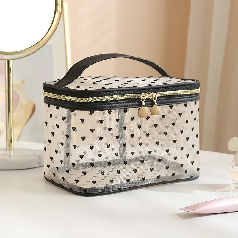 sac à cosmétiques en maille noire double couche, trousse de maquillage portable de grande capacité, pochette de rangement, trousse de toilette à fermeture éclair