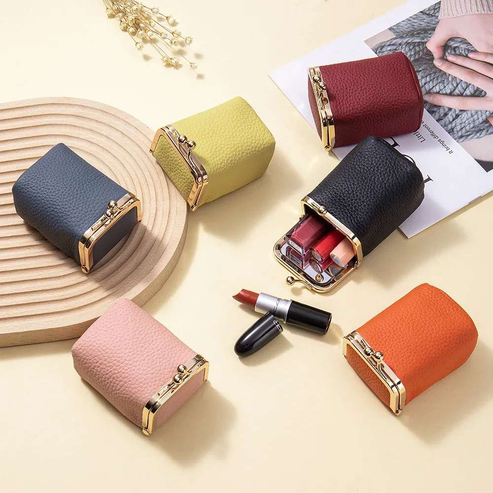 nouveaux portefeuilles en cuir véritable, porte-monnaie de marque kiss lock, petit sac d'argent en cuir de vache souple, pochette de maquillage mignonne, étui organisateur de rouge à lèvres