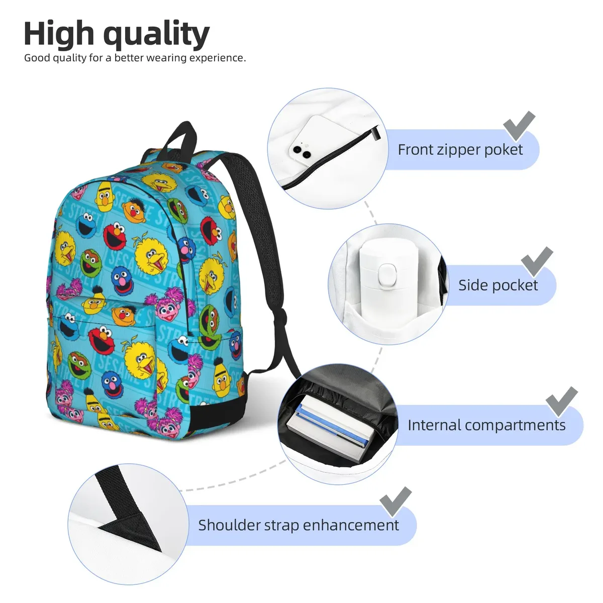 sac à dos décontracté sesames streets avec poche, sac à dos de randonnée pour étudiants, sac à dos cookie monster pour hommes et femmes, sacs en toile pour ordinateur portable