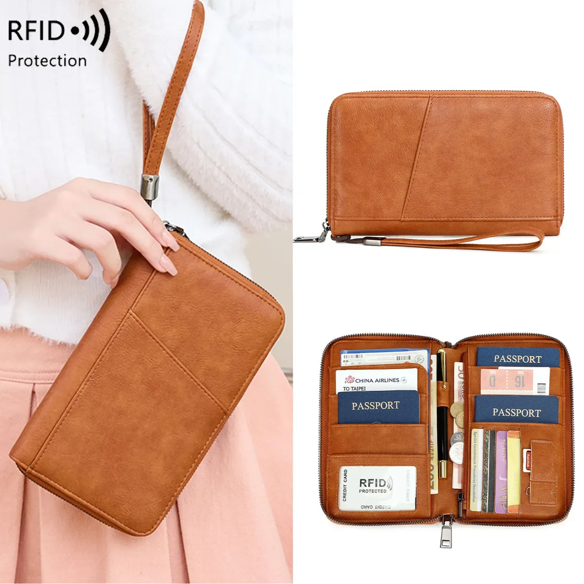 nouveau portefeuille de voyage multifonctionnel en cuir pu pour hommes et femmes, porte-cartes anti-rfid, anti-vol, sac de rangement
