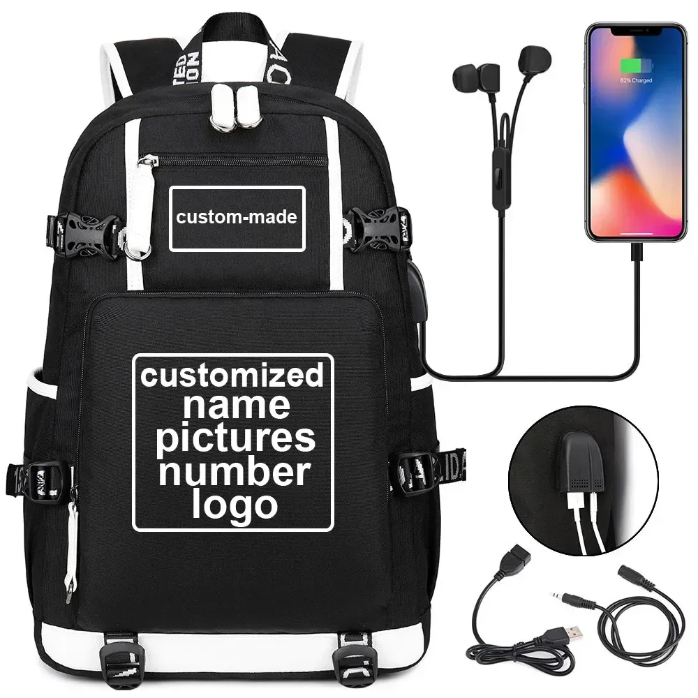 Sac à dos en toile pour hommes et femmes, imprimé personnalisé, avec Photo ou Logo, pour enfants, garçons et filles, USB, pour ordinateur portable, grand sac de voyage