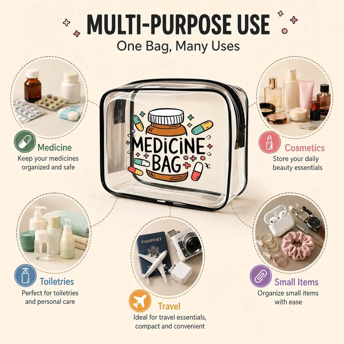 sac à médicaments transparent en pvc imperméable, sac de rangement pour médicaments de voyage, pilules de premiers secours, cosmétiques, articles de toilette, organisateur portable