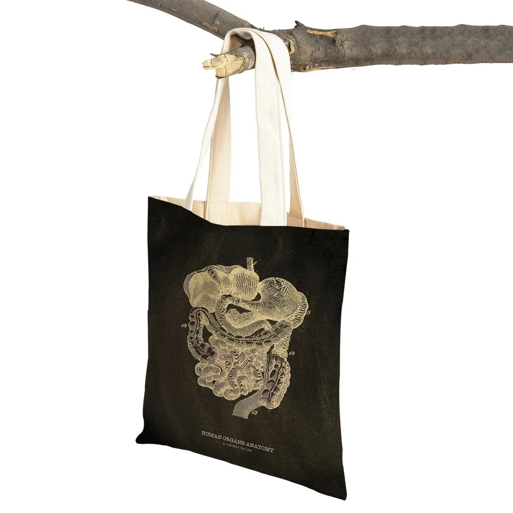 vintage squelette anatomique tableau crâne shopper sac fourre-tout dame sac à main décontracté toile coeur double impression femmes sacs à provisions
