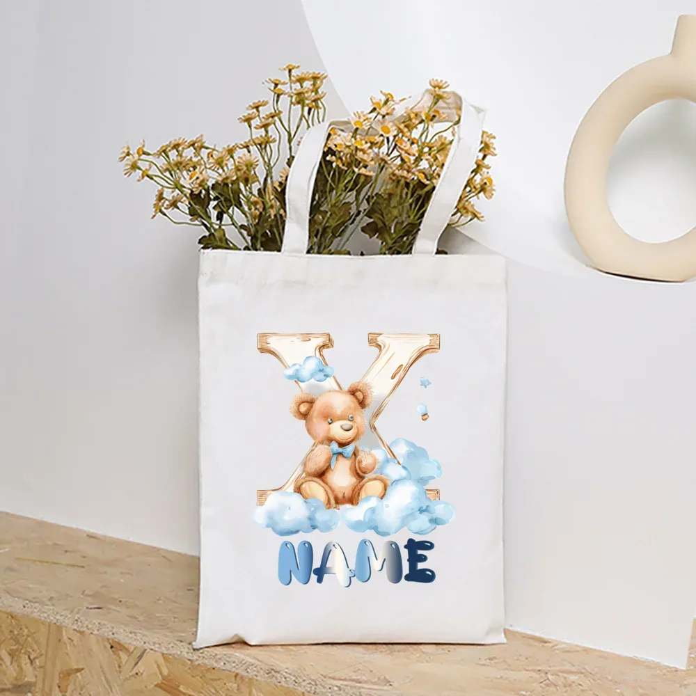 sacs fourre-tout en toile college nuage ours et alphabet personnalisés, sacs à main personnalisés de grande capacité, cadeaux de portabilité pour la rentrée scolaire