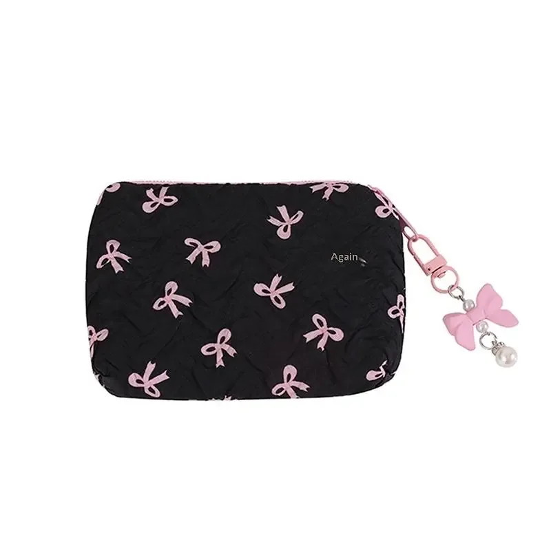 trousse de maquillage en tissu avec nœud mignon, pochette cosmétique pour femme, organiseur de voyage portable pour rouge à lèvres et écouteurs, petite pochette de rangement
