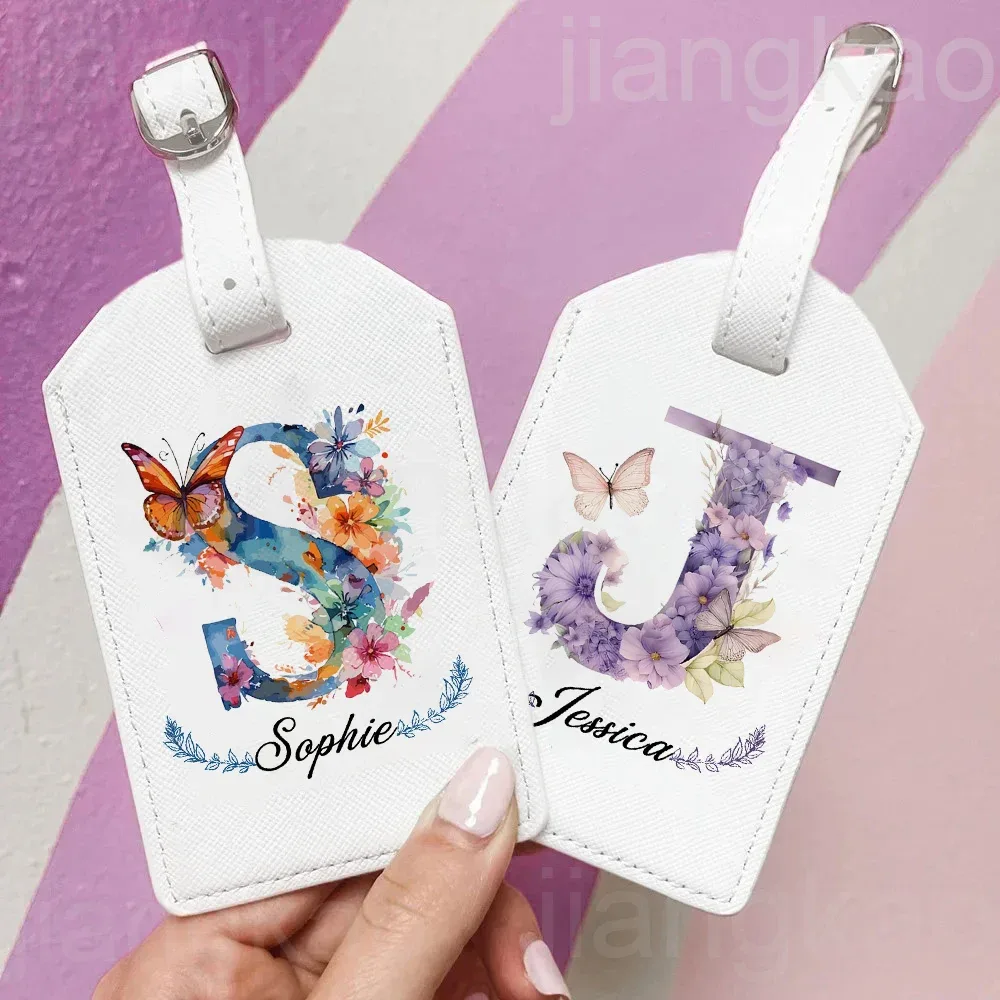 Étiquette de bagage personnalisée en PU, lettre florale avec nom, étiquette de valise, accessoire de voyage, cadeau d'anniversaire de mariage pour elle