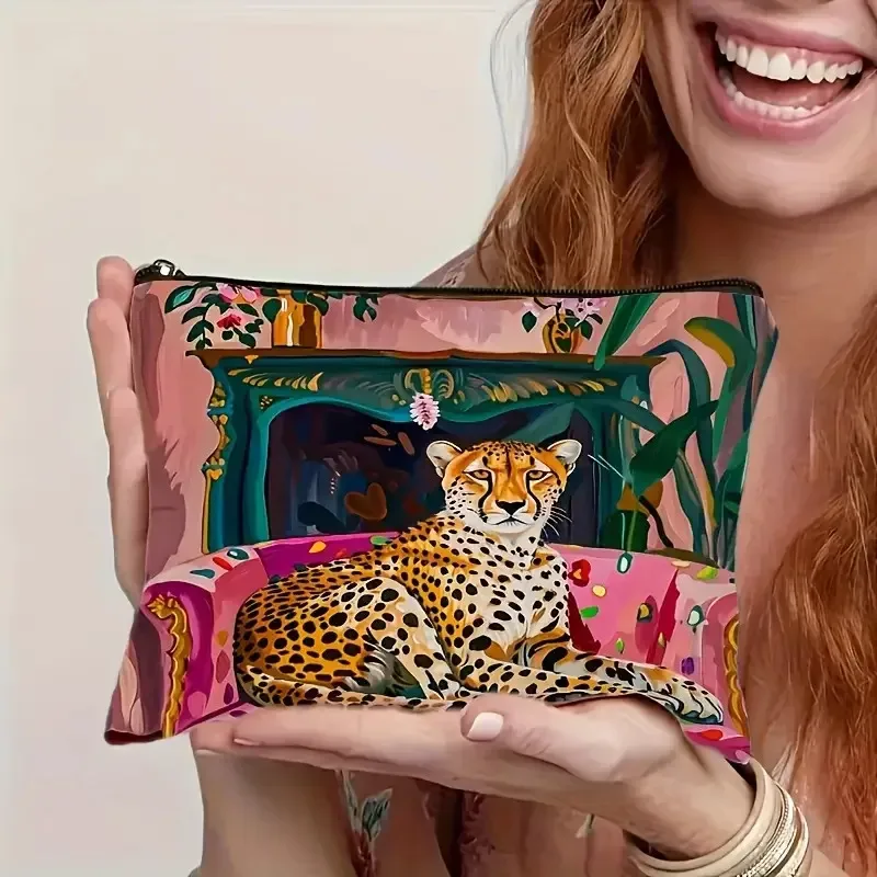 trousse de maquillage de grande capacité avec fermeture à glissière, organisateur de cosmétiques élégant imprimé guépard, trousse de maquillage spacieuse pour femmes, 1 pièce