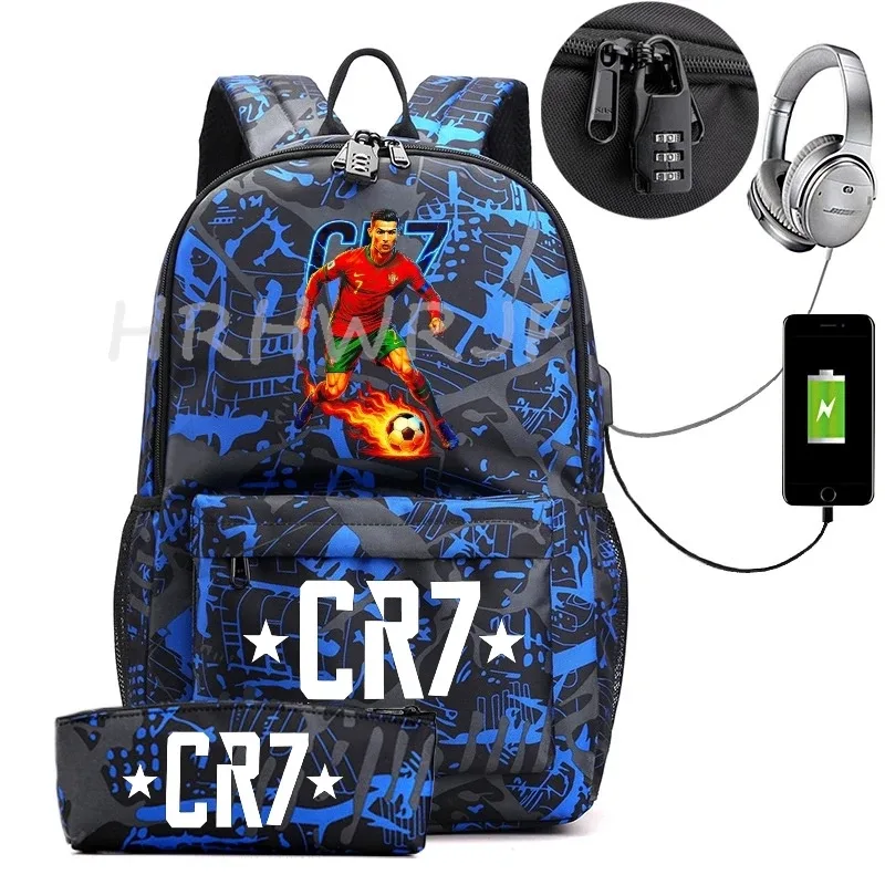 sac à dos usb cr7 pour femmes et hommes, sac à dos de voyage décontracté anti-vol, sacs d'école pour adolescents avec capacité pour ordinateur portable, avec trousse à crayons, 2 pièces