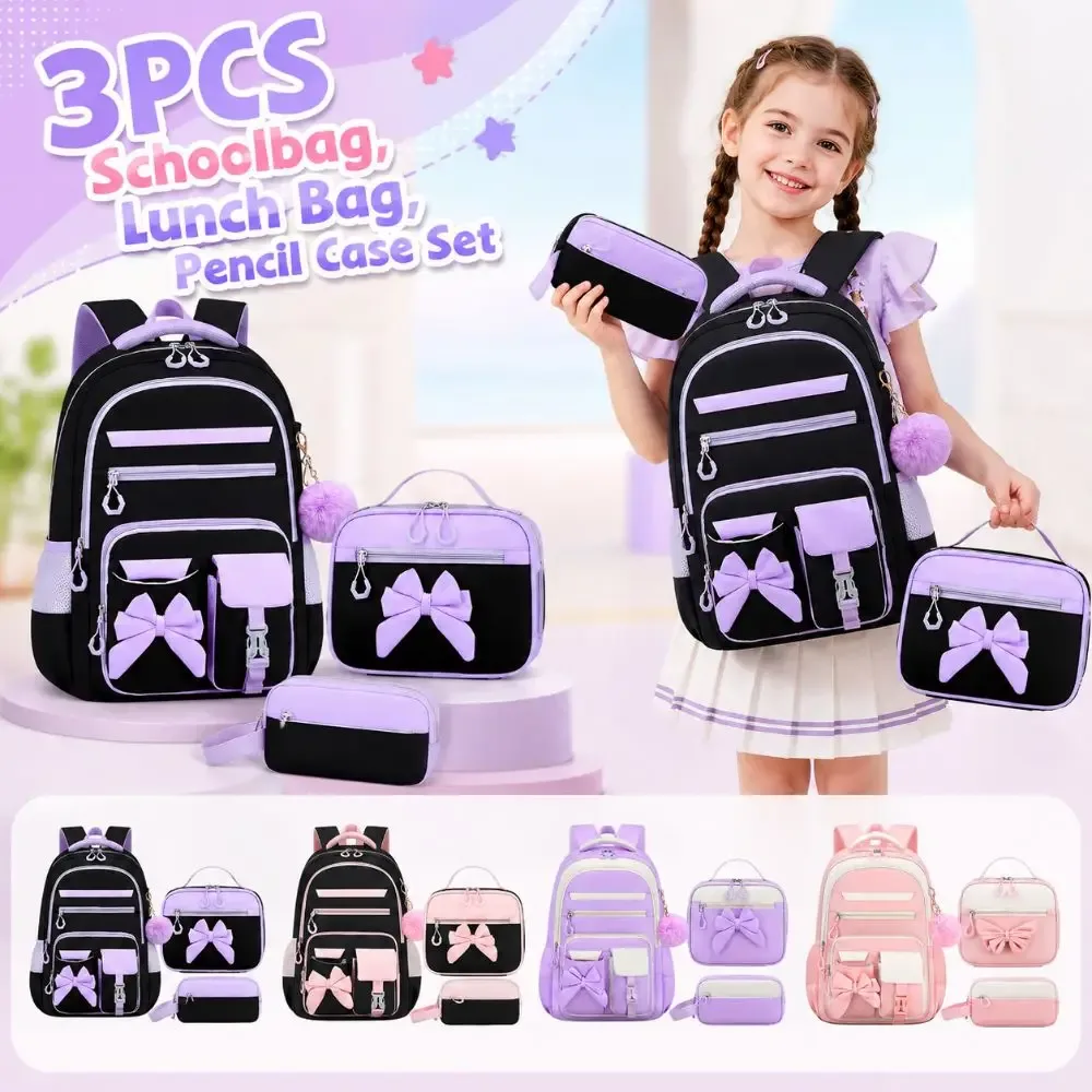 ensemble de 3 sacs à dos, sac à lunch et trousse à crayons en tissu oxford, grande capacité, nœud papillon, imperméable et léger