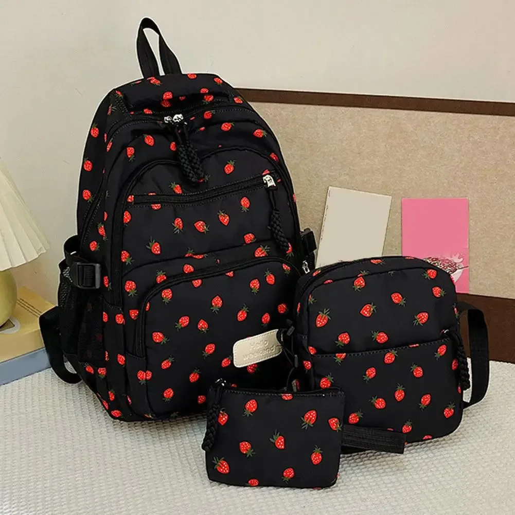 sac à dos en velours côtelé, ensemble de trois pièces, imprimé fraise, sac à dos quotidien décontracté, niche, grande capacité, sac à dos léger pour les déplacements