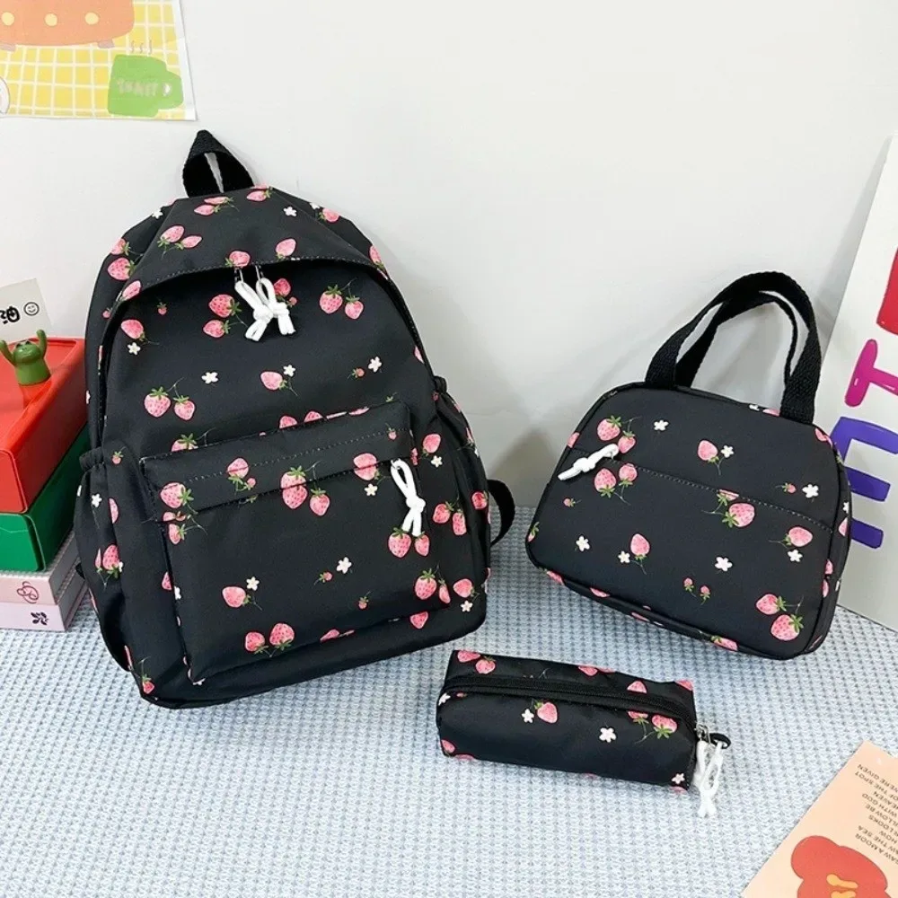 sac à dos fraise en tissu oxford, sac d'école réglable de grande capacité, style preppy avec sac à déjeuner et trousse à crayons, sac à dos de voyage