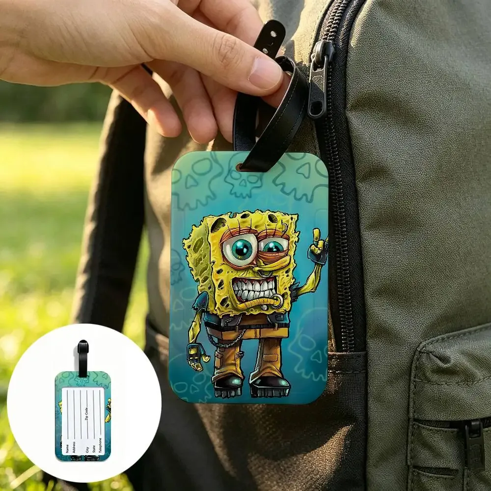 étiquette de bagage portable anti-perte en pvc, motif dessin animé mignon s-spongebob, porte-carte d'informations pour valise, sac à dos, étiquette de voyage