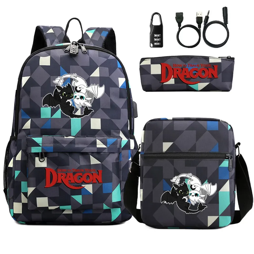 comment entraîner votre dragon 3 pièces usb antivol serrure garçon fille enfants retour à l'école livre sacs voyage sac à dos sac à bandoulière sacs à stylos