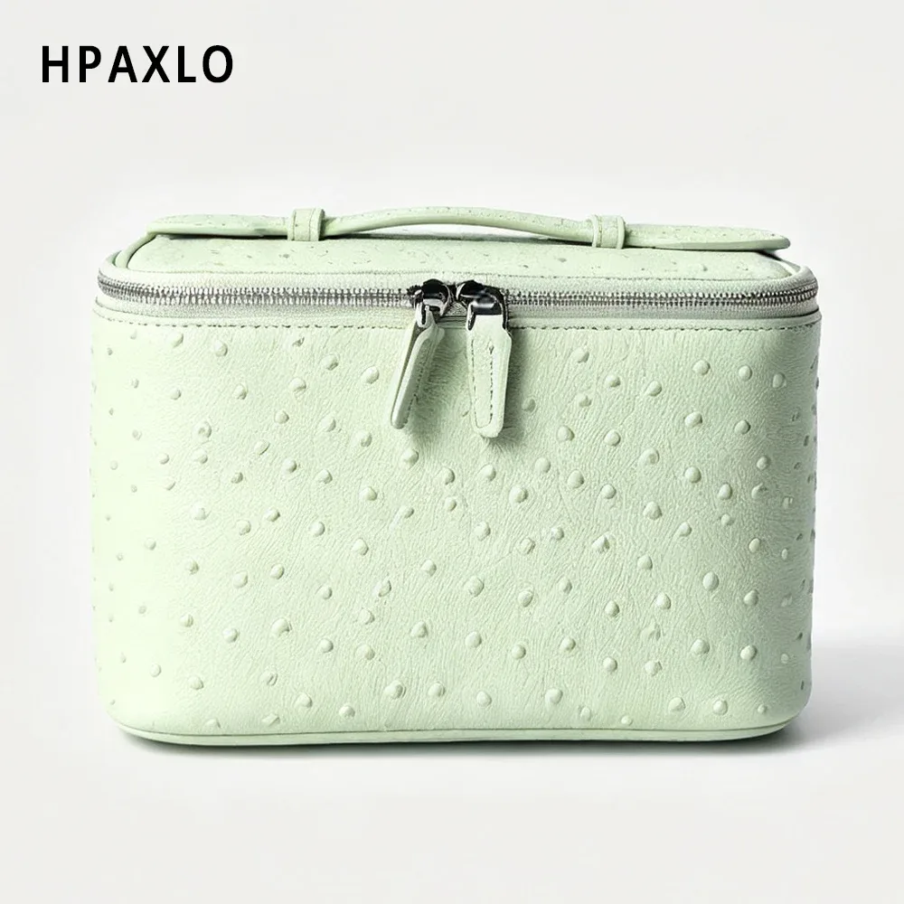 sac de toilette pour femme en cuir véritable à motif d'autruche, sac de voyage carré tendance, organiseur de cosmétiques, grand sac à cosmétiques, sac à main, neuf