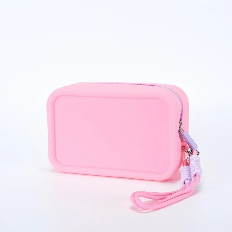 sac de rangement en silicone pour cosmétiques avec cordon de poignet tressé, sacs à cosmétiques portables avec cordon, sacs à cosmétiques étanches à fermeture éclair, sac à rouge à lèvres