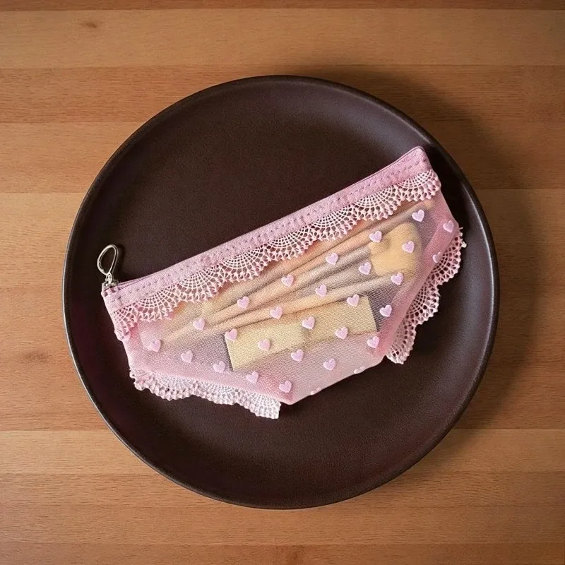 pochette de maquillage transparente y2k en maille et dentelle, forme cœur, style ins, trousse de toilette de voyage
