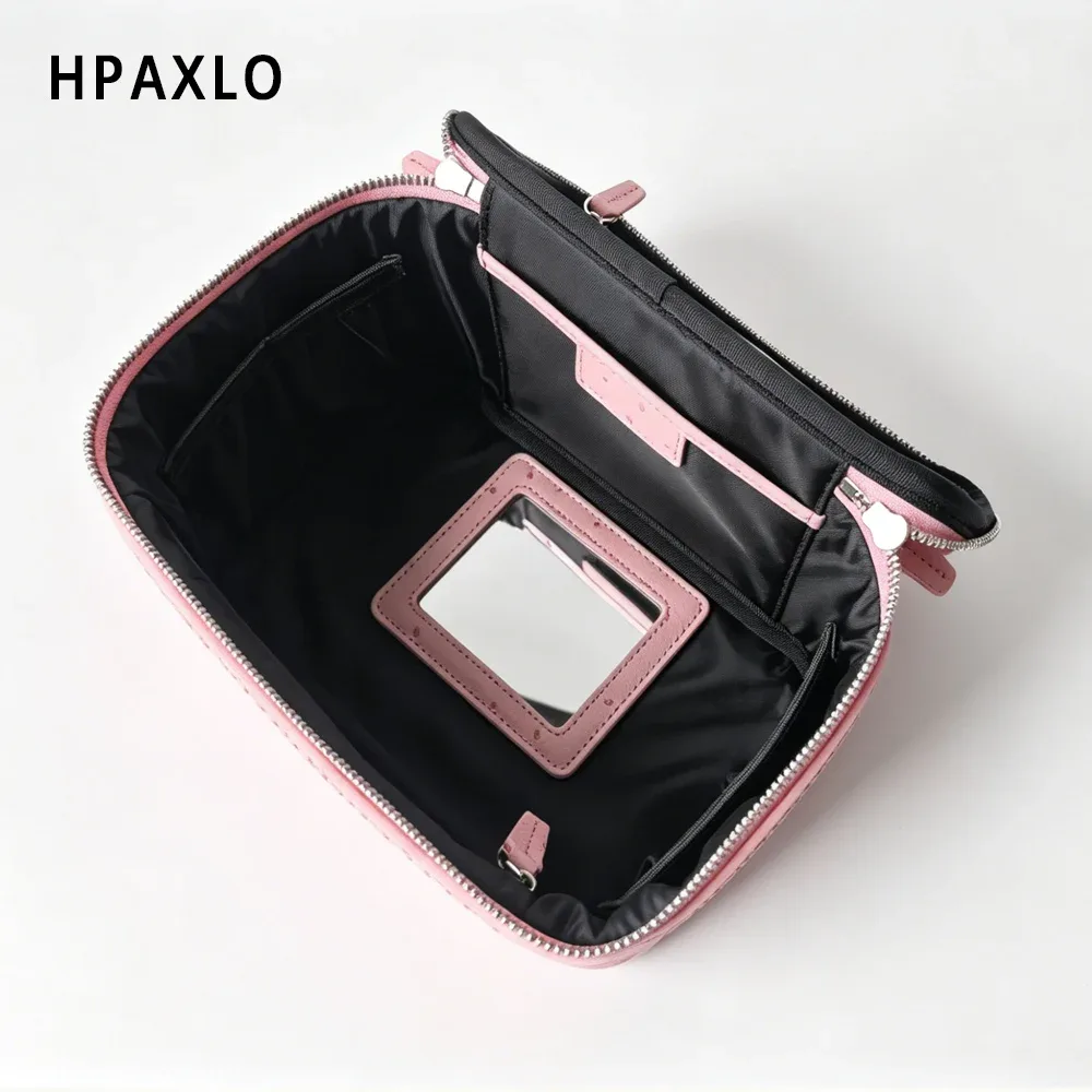 nouvelle trousse de toilette en cuir véritable à motif autruche pour femmes, grande capacité, organisateur de salle de bain de luxe
