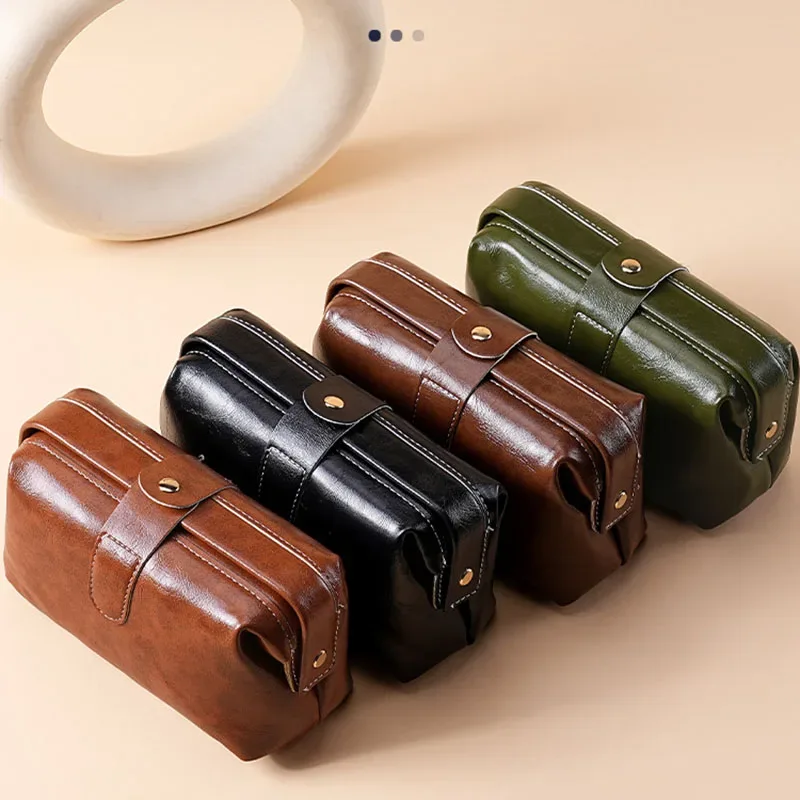 sac à cosmétiques vintage en cuir pu pour femmes et filles, porte-monnaie à boutons de couleur unie, trousse de maquillage de grande capacité, étanche