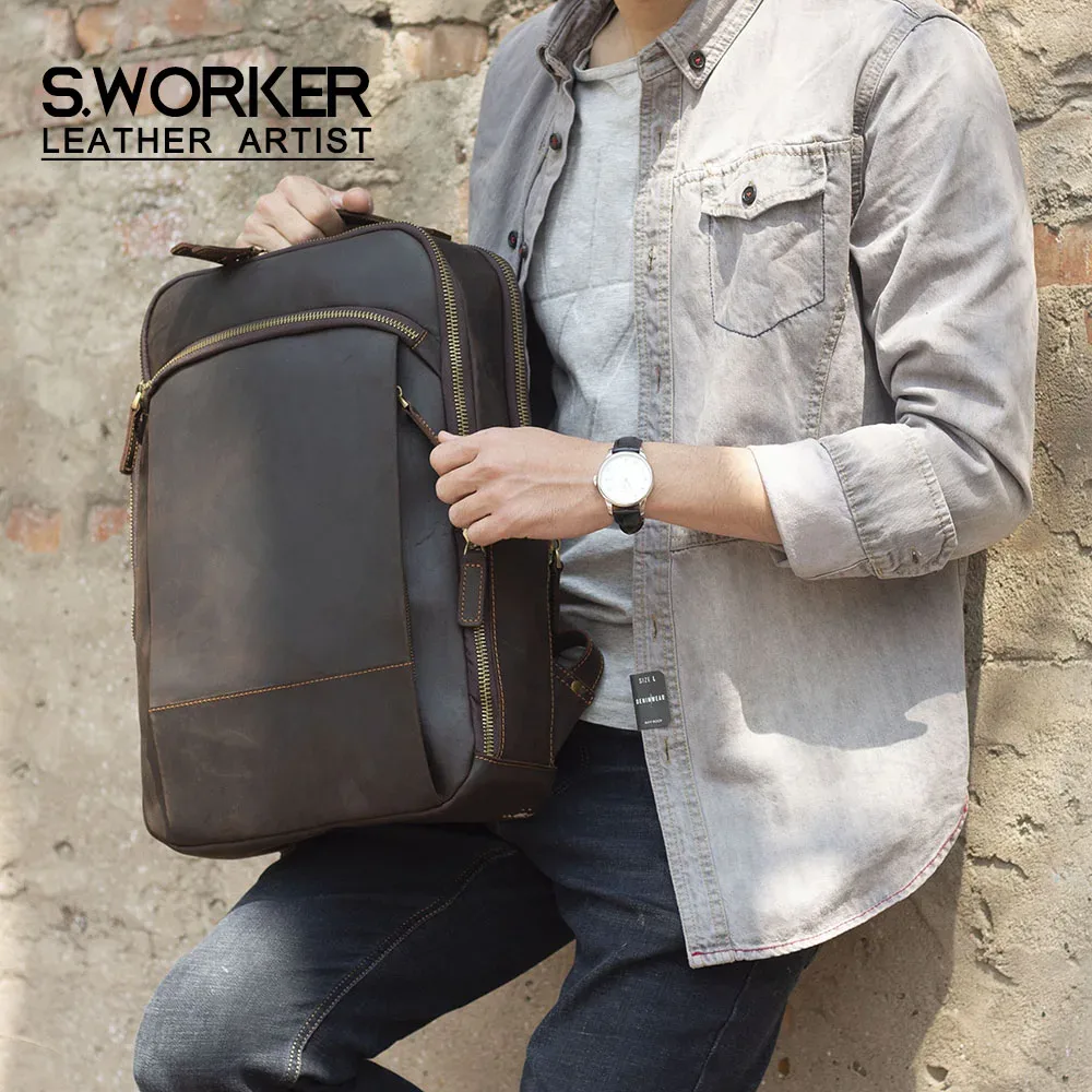 S.WORKER – sac à dos Vintage en cuir véritable pour hommes, sac pour ordinateur portable de 16 pouces, sac d'école décontracté en cuir Crazy-horse, sacs faits à la main pour hommes