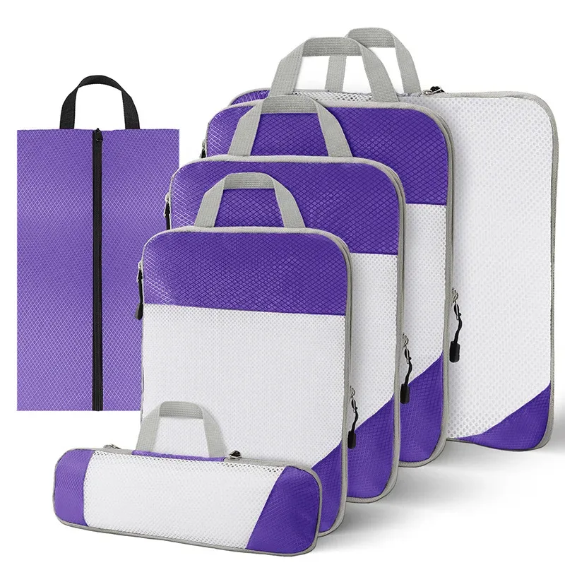 sac de rangement en nylon imperméable à compression de voyage portable, ensemble de pochettes de rangement à motif de grille visuelle pour l'organisation du voyage