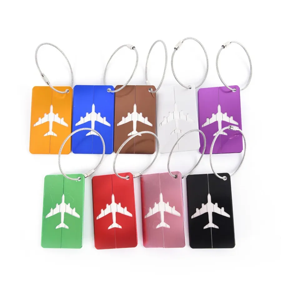 étiquette de bagage de voyage en alliage d'aluminium, étiquette suspendue pour valise, avion avec nom, cartes d'identité, anti-perte, couleur unie, accessoires de voyage