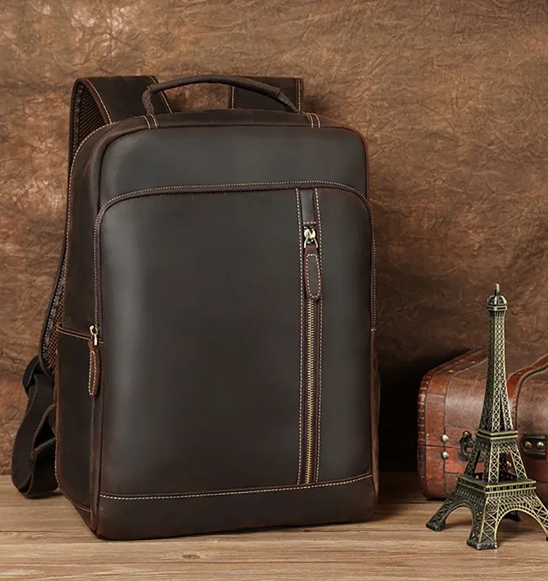 sac à dos en cuir crazy horse pour hommes, sac à dos de jour en cuir de vache pour ordinateur portable 15.6 po